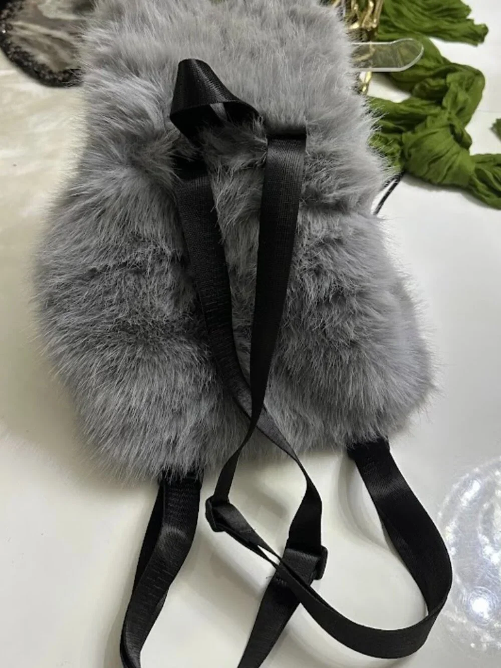 Soft Gray Faux Fur Backpack Plush Winter Drawstring Mini Backpack Cute Cozy Bag